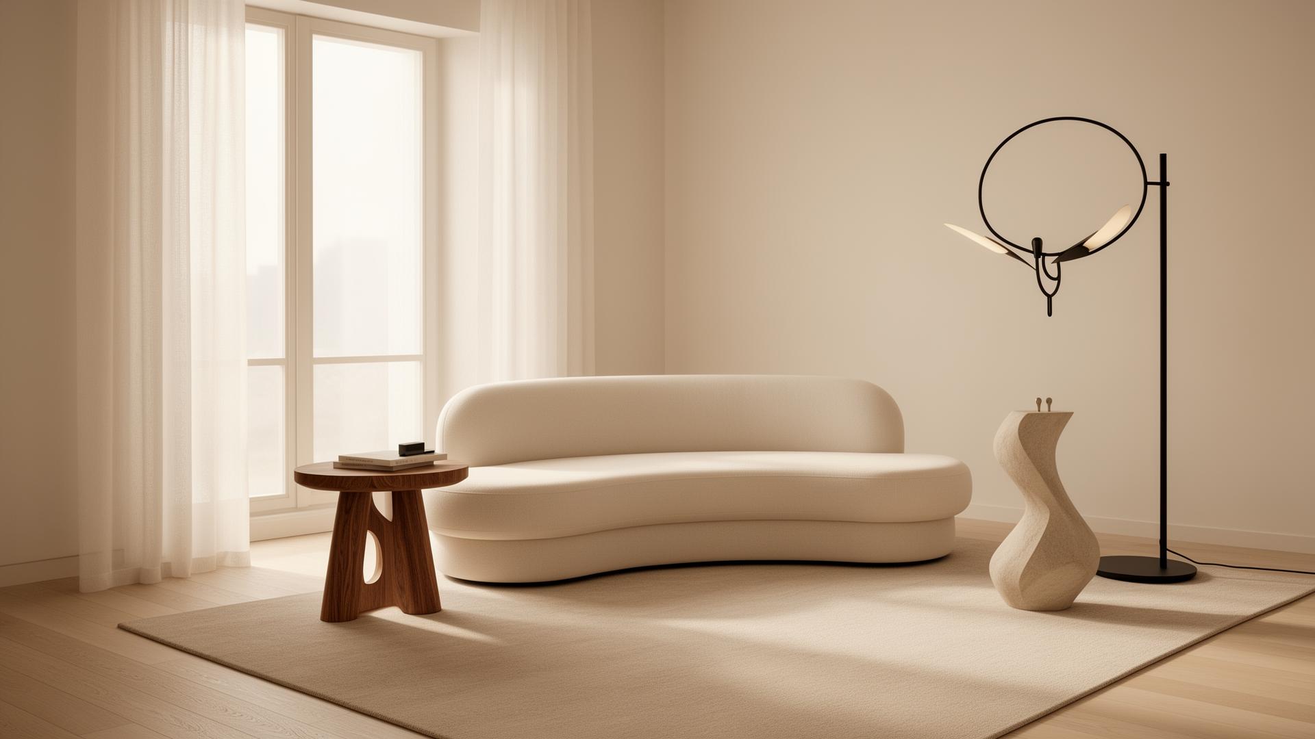 A softly lit living room furnished by Monty Space — curved cream sofa, oak side table, and sculptural floor lamp.